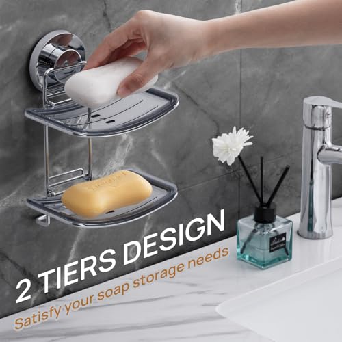 LEVERLOC Soap Dish Holder Suction Cup for Shower Wall Double Layer Drill-Free Waterproof Wall Mount Strong Suction Removable Bar Soap Sponge Holder for Bathroom Bathtub Kitchen, Chromed - style: 2 tiers Chrome