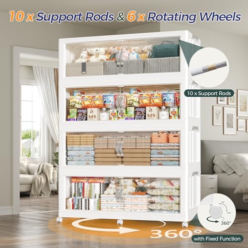 300Gal/1200QT 5-Tiers Extra Large Stackable Storage Bins with Lid, Collapsible Cabinet Closet Organizer Plastic Container Box with Wheels Doors Drawers for Living Room Kitchen Office, White - size: 60Gal, style: 5Pack