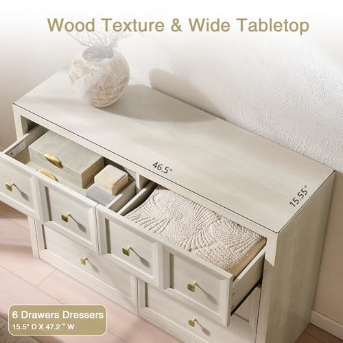 6 Drawers Dresser for Bedroom-46.5" Wide Wooden Chest of Drawers with Large Storage, Long Dresser TV Stand with Drawers, Farmhouse Closet Dressers for Living Room Bedroom, Grey White - color: Beige, size: 15.5"D x 46.5"W x 33.6"H (6 Drawers)