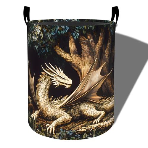 Fantasy Dragon Laundry Basket, Forest Design Foldable Oxford Cloth, Waterproof Dirty Clothes Hamper with Handles, Clothing Storage Bucket Toy Organizer for Bathroom Bedroom Dorm, 19.7"x15.7" - style: Dragon 01