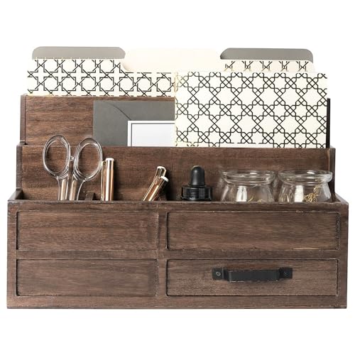 BLU MONACO | Wooden Mail Organizer with Drawer and Pen Holder | Mail Sorter Organizer Countertop for Desk or Kitchen | Outgoing Mail Holder Wood Desktop Storage - color: Brown