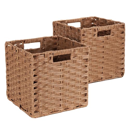 DULLEMELO Wicker Storage Baskets 11x11 Storage Cube Bins Foldable Plastic Cubby Baskets for Shelves Set of 2 Waterproof Woven Storage Bins for Organizing Pantry,Closet,Toys - Brown - color: Woven-Brown, size: 11in-2 pack