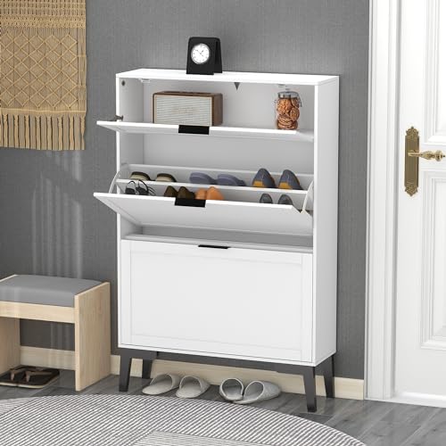 TaoHFE Wooden White Hidden Shoe Cabinet Entryway Shoe Storage Cabinet Narrow Shoe Cabinet Free Standing Shoe Rack Organizer for Closet Shoe Drawer Storage 3 Tier Rack for Front Door Entrance - color: White