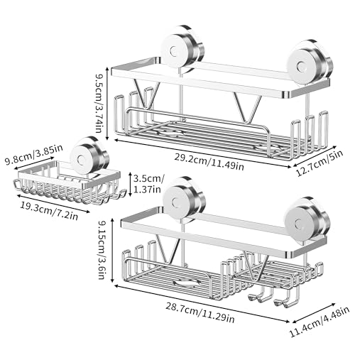 KEGII Suction Cup Shower Caddy – 3 Pack Suction Cup Shelf with Soap Holder & Hooks, Rustproof Stainless Steel Shower Organizer Rack, Removable No Drilling Bathroom Storage Rack, Silver