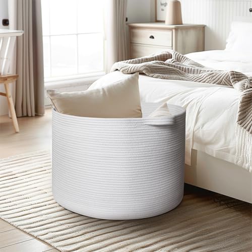 Large White Blanket Basket, 22"x14" Woven Cotton Rope Baskets for Organizing, Kids Dog Toy Bin Box, Large Wicker Blanket Storage for Living Room, Throw Pillow Holder Organizer, Shoe Towel Bin - color: White