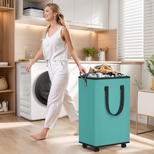 SpaceTrove Laundry Basket with Wheels, Collapsible Laundry Baskets, Laundry Hamper with Handles Detachable Wheels, Rolling Laundry Basket, Dirty Clothes Hamper for Bathroom, Dorm, Bedroom, Green, 100L - color: Green, size: 100L