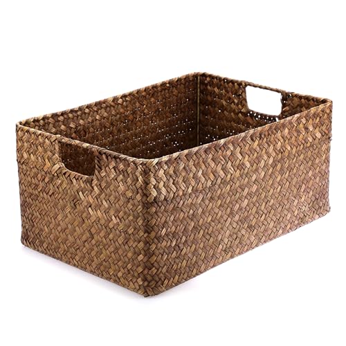Hipiwe Seagrass Storage Baskets Bin for Shelf Handwoven Wicker Baskets Built-in Handles Rectangular Closet Bedroom Organizer Box Multipurpose Storage Basket Organizer,16.1"L x11.8"W x7.7"H - color: Coffee, size: X-Large,16.1"x11.8"x7.7"