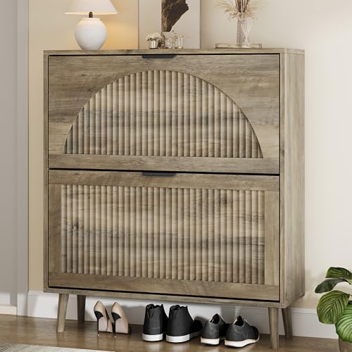 Shoe Storage Cabinet with 2 Flip Drawers, Narrow Wood Shoe Organizer Cabinet with Fluted Panel, Slim Shoe Rack for Entryway, Freestanding Shoe Cabinet for Living Room, Hallway, Grey - color: Grey, size: 2-Drawers