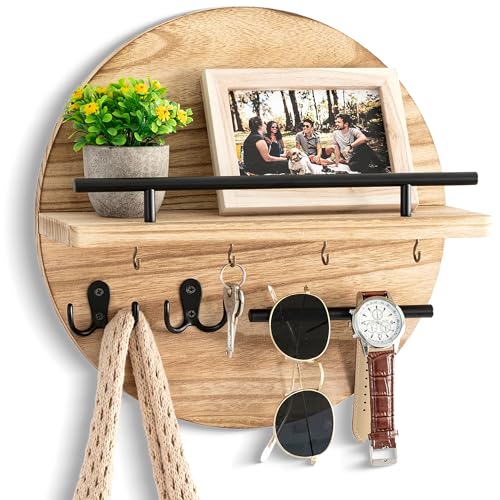 dreampossible Key Holder for Wall Decorative with Shelf and Hooks, Mail Organizer Wall Mount with Sunglasses Holder, Circular Design Entryway Key Rack Hanger, Rustic Home Decor - color: Light Brown