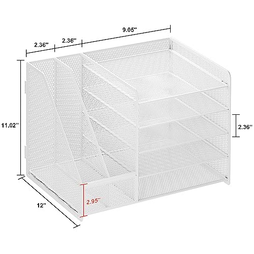 Marbrasse Desk Organizer with File Holder, 5-Tier Paper Letter Tray, Mesh Desk Organizers and Accessories with Magazine Holder, Desktop Organizer and Storage for Office Supplies (White) - color: Desk Organizer File Holder No Drawer- White