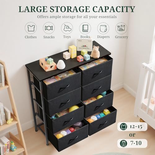 8-Drawer Dresser for Bedroom, Anti-Tip Tall Storage Organizer Chest of Drawers with Wooden Top and Metal Frame Fabric Bins for Closet, Living Room, Hallway, Entryway, Black - color: Black, size: 11.8"D x 31.4"W x 36.3"H (8 Drawers)