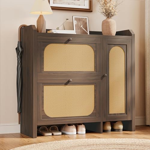 Mericonia Shoe Cabinet Storage for Entryway with 2 Flip Drawers(3-Tier), Rattan Freestanding with Door & 3 Adjustable Shelve,Hidden Shoe Rack Organizer for Hallway, Foyer - color: Walnut, size: Flip Drawers 2 & Door 1