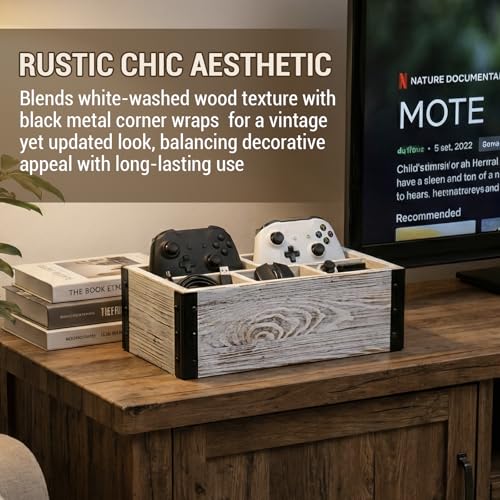 MyGift Rustic Whitewashed Wood 5-Compartment Remote Control and Media Storage Organizer with Black Metal Corner Trim - color: White Washed