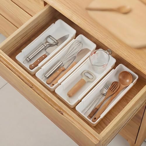 Drawer Organizers Set | 4-Pack Expandable Drawer Dividers for Bedroom, Bathroom, Kitchen & Office | Plastic Drawer Trays with Adjustable Length (White)