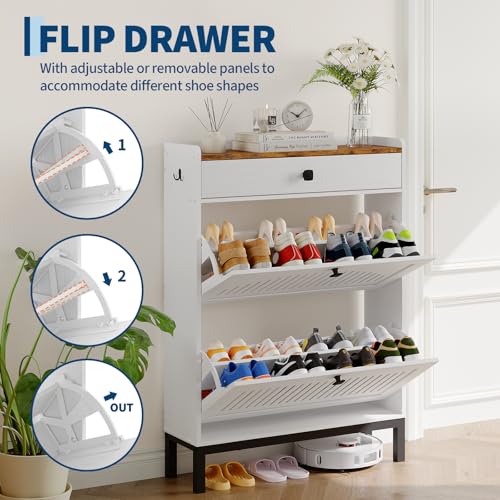 2-Door Flip Front Shoe Cabinet with Adjustable Shelves – Hidden Entryway Storage Organizer for Hallway, Foyer, Living Room – Freestanding Wooden Shoe Rack with Large Capacity & Modern Design, White - color: White & Rustic, size: 9.45"D x 31.4"W x 43.4"H