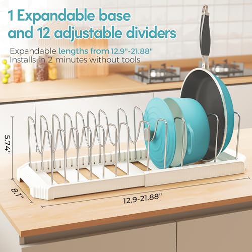 Pots and Pans Organizer for under Cabinet, Pan Pot Organizers inside Cabinet, Expandable Organizer with 12 Adjustable Dividers for Cookie Sheets, Cutting Boards, Pot Lids, Cookware - Frying Pan Rack - color: White, size: 12 Adjustable Dividers