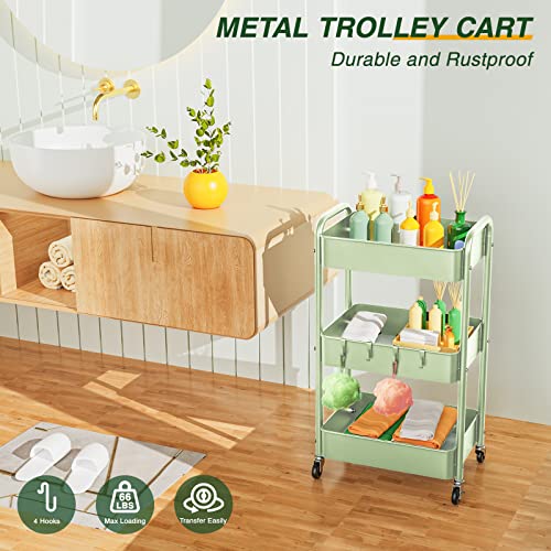LEHOM 3 Tier Rolling Storage Cart, Metal Trolley Utility Cart with Wheels & Hooks, Easy Assembly Organizer Storage Cart for Bathroom Kitchen Office Bedroom - color: Green