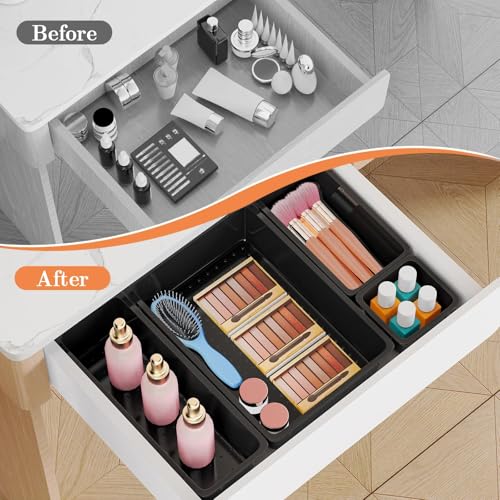 SpaceHacks 25 PCS Plastic Drawer Organizer Set, 4-Size Versatile Organizer Trays & Storage Bins for Makeup, Jewelry, and Gadgets in Bathroom, Bedroom and Office, Black - color: Black