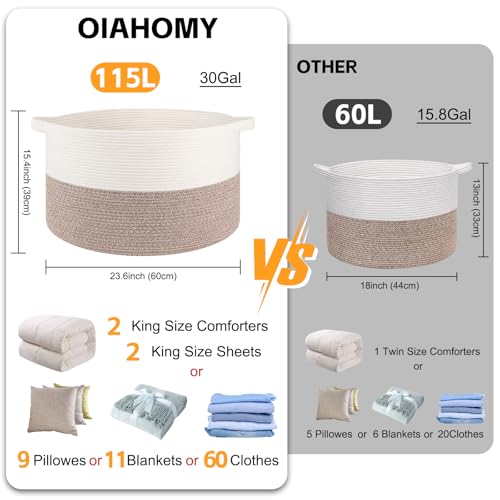 OIAHOMY 115L Extra Large Blanket Basket, 23.6" x 15.4" Woven Cotton Rope Laundry Basket for Organizing Pillows, Decorative Stuffed Animal Toy Storage Bin for Nursery, White and Linen Brown - color: White and Linen Brown, size: 23.6"D x 15.4"H