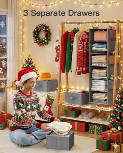 Pipishell Hanging Closet Organizer 6-Shelf, Hanging Shelves for Closet with 3 Removable Drawers & Side Pockets for Bedroom, Garment Rack and Wardrobe Organization, 12' x 12' x 43.3', Dark Gray - color: Grey