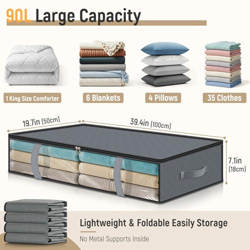 LANDNEOO 4 Pack 90L Under Bed Storage Containers - Underbed Storage for Clothes, Blankets - Closet Organizers and Storage Bags - Under the Bed Storage Bins with Handles & Clear Front