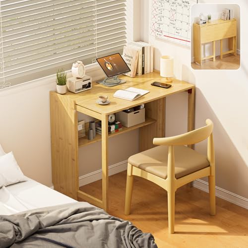 Bamboo Foldable Desk, Folding Desks for Small Spaces, Mid Century Small Computer Desk with Bookshelf for Bedroom Home Office, Natural - color: Natural, size: 21.3"D x 32.7"W x 29.5"H