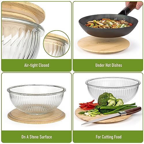 Stackable Space-Saving Nesting Set of 3 Glass Bowls with Bamboo Lids for Foodprep, Storage, Mixing & Cooking - Microwave & Oven Safe BPA Free Durable Heat Resistant Inert Borosilicate Glass - color: 3 Mixing Bowls with Bamboo LIds (Ribbed)