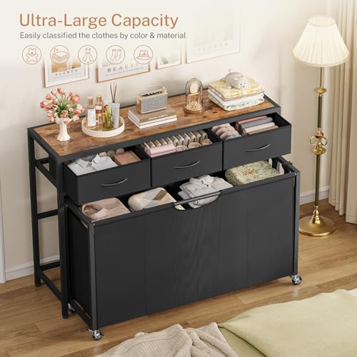 Laundry Sorter, Rolling Laundry Hamper with 4 Section Pull-Out Bags, 300L Large Laundry Basket Organizer with 3 Drawers, Laundry Hamper with Wheels for Laundry Room Organization, Bathroom, Bedroom - size: 300 L