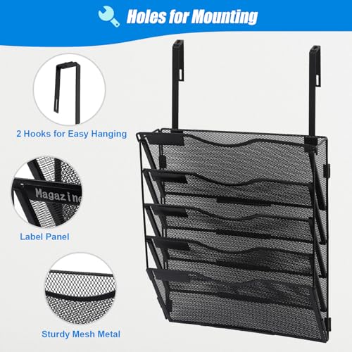 EASEPRES 5 Pocket Mesh Hanging Wall File Organizer with Hangers & Nametag Label, Wall Mounted Mail Paper Document Folder Holder, Clipboard Storage Organization Magazine Rack for Office Cubicle, Black - color: Black, size: 5 Tier & Hangers