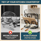 Kitchen Pot Lid Storage Rack: Carbon Steel Double-Layer Holder & Spoon Rest with Removable Drip Tray, Pot Cover Holder While Cooking, Pot Lid Organizer for Kitchen Counter Space Saving(Gray)