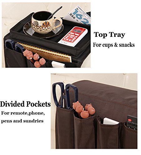 IPENNY Couch Sofa Armrest Organiser with Cup Holder Tray Chair TV Remote Holder Bedside Storage Pocket Bag for Cellphone Tablet Notepad Book Magazines DVD Eyewears Drinker Snacks Holder Pouch - color: Coffee (With Top Tray)
