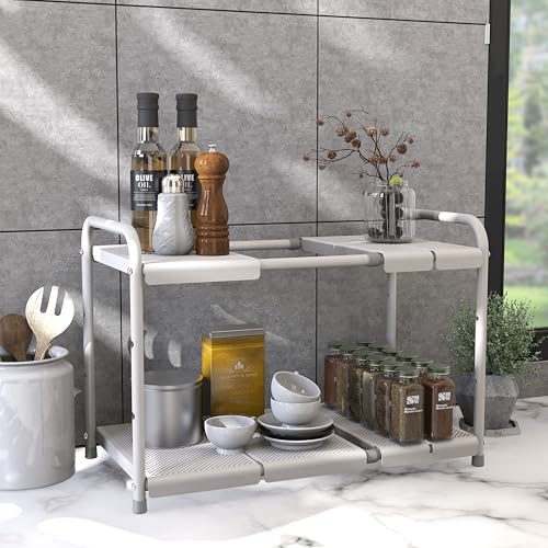 Simple Houseware Under Sink 2 Tier Expandable Heavy Duty Metal Shelf Organizer Rack, White (Expand from 15 to 25 inches) - color: White
