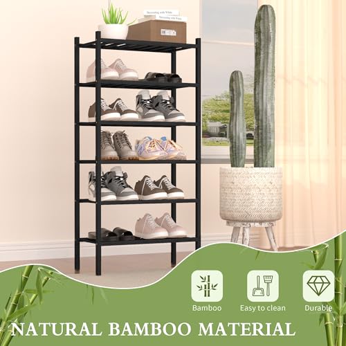 ROMGUAR CRAFT 6-Tier Bamboo Small Shoe Rack, Free Standing Wood Shoe Shelf Storage Organizer for Closet Entryway Stackable (Black) - color: Black, size: 6-Tier(Small)