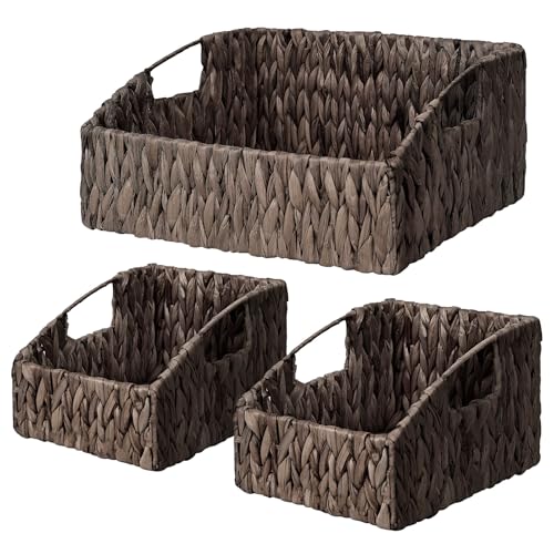 Ollieroo Rattan Storage Baskets, Handwoven Wicker Storage Bins with Built-in Handles, Storage Container Baskets for Shelves, Bedroom, Bathroom, Laundry Room or Kitchen(Black) - color: Black