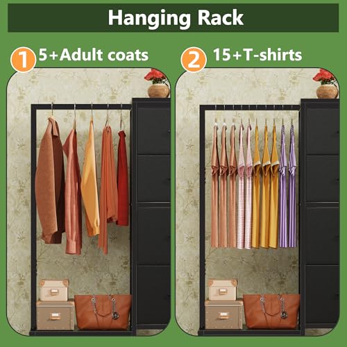 HIGDBFE Dresser with Hanging Rack, 4 Drawers Small Closet for Bedroom, Reversible Fabric Kids Chest of Drawers with Clothes Rack, Tall Storage Tower, Sturdy Frame, Black, 44''H - color: Black