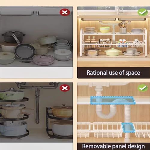 Under Sink Organizer，2 Tier Expandable Heavy Duty Metal Shelf，with 5 Removable Panels and 5 Storage Basket for Under Kitchen Bathroom Sink Organizers and Storage(White, Large) - color: White, size: Large