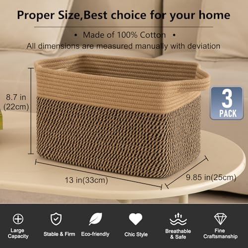 OIAHOMY 3 Pack Storage Basket for Organizing, 13''X9.85''X8.7'' Storage Bins,Woven Basket Basket with Handles, Toy Storage Basket Bin,Stylish Room Decor Basket, Brown & Black - color: Brown & Black, size: 13''×9.9''×8.7''
