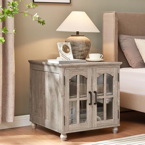 RWYHG Farmhouse End Table with Charging Station,24" Large Sofa Side Table with Glass Barn Door,Rustic Wood Night Stand with Adjustable Storage Shelf,Square Bedside Table for Living Room,Bedroom Office - color: Grey, size: Set 1