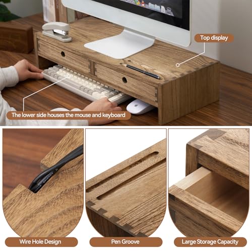 KIRIGEN Wood Monitor Stand with 2 Drawers, Solid Wood Computer Monitor Riser for Desk, Desktop Organizer Shelf with Cable Management, Pen Slots, Brown, No Assembly PMJ-DBR - color: Dark Brown
