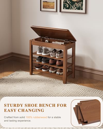 IUNVR Shoe Rack Bench Seat Rubberwood 3-Tier Wooden Storage Bench 550lbs Compact Mid-Century Modern Design for Entryway, Hallway, Closet, Front Door Entrance, Foyer - color: Walnut-3 Tier(wood), size: 23.6"W x 11.8"D x 20.5"H