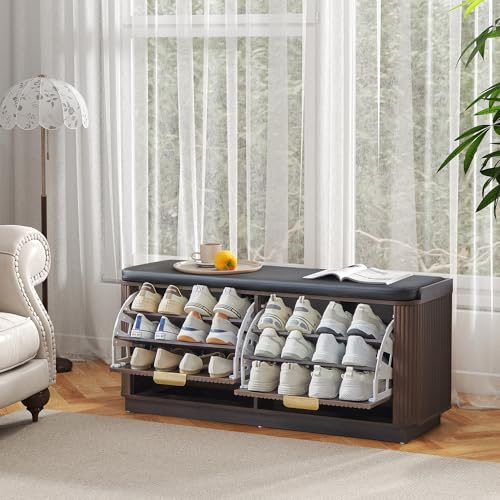 Fluted 3-Tier Entryway Shoe Bench with Drawers and Adjustable Shelves, 43.3'' Wide Shoe Storage Bench with Cushion Seat for Entrance, Hallway, Living Room, End of Bed - Espresso - size: Drawer-espresso