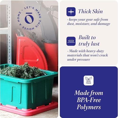 HOMZ 2-Pack Durabilt, Heavy Duty Plastic Storage Bins with Lids, 15 Gallon, Green/Red - Stackable Container Boxes for Holiday, Attic, and Garage Organization - color: Green Base/Red Lid, size: 15 Gallon (Pack of 2)