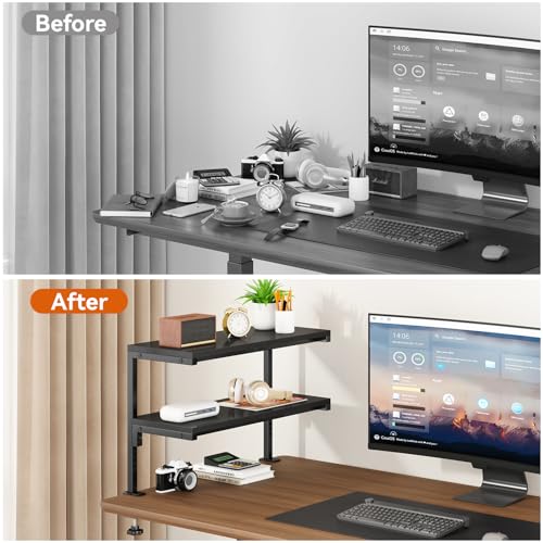 IBUYKE Clamp on Desk Shelf, 22.8” Large Desk Extender Shelves,Tool-Free Flexible Repositioning and Adjustable 2-Tier Storage Shelves for Desktop Accessories Below Desk TMZ010B - color: Black