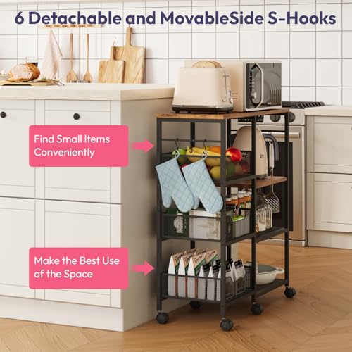 SWTYMIKI Kitchen Island Cart on Wheels - 4 Tier Rolling Kitchen Table Cart with Storage Shelves, 6 Removable Hooks& Locking Casters, Coffee Bar Cabinet for Dining Room Pantry Office, Espresso - size: 28x11.81in, style: Espresso