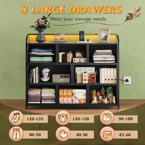 WLIVE Led Dresser for Bedroom, TV Stand for Bedroom with LED Lights and Power Outlet, Wide Chest of Drawers for Hallway, 8 Fabric Drawers for Living Room and Entryway, Charcoal Black Wood Grain Print - color: Charcoal Black Wood Grain Print, style: 8 Draw