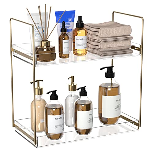 Bathroom Countertop Organizer, 2 Tier Acrylic Tray Vanity Counter Skincare Organizer Shelf, Kitchen Under Sink Standing Rack, Home Storage Holder for Lotion Makeup Cosmetics Perfume Spice, Gold - color: Gold, size: 2 Tier