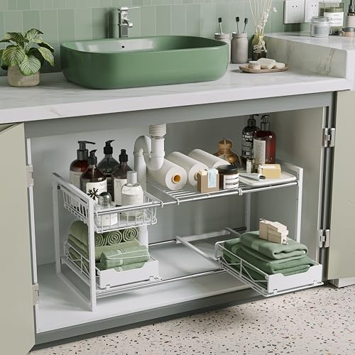 NETEL Under Sink Organizers and Storage,Kitchen Cabinet Organizer,2 Tier Under Sink Expandable Shelves，Bathroom Cabinet Organizer with Pull Out Drawers,(30.9-31.64)" W x 14.69" D x 15.83" H,White - size: Multi-functional with 2 pull out baskets(White)