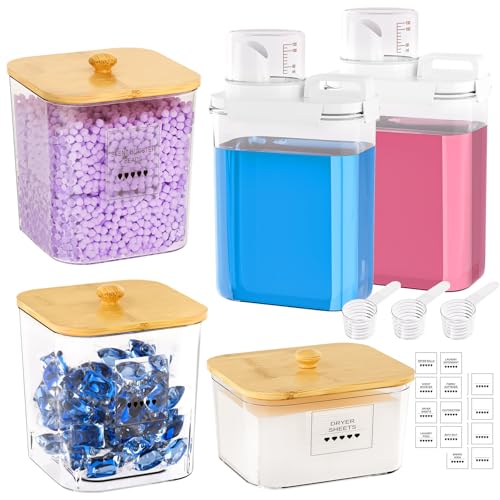 Homde Clear Laundry Detergent Dispenser: 3+2 Pack Reusable Pods Container with Lids for Dryer Balls - Plastic Sheets Holder Set for Scent Booster