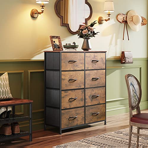 WLIVE Fabric Dresser for Bedroom, Tall Dresser with 8 Drawers, Storage Tower with Fabric Bins, Double Dressers, Chest of Drawers for Closet, Living Room, Hallway, Dorm, Rustic Brown Wood Grain Print - color: Rustic Brown Wood Grain Print, style: General