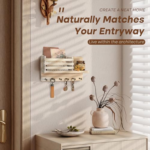 Rebee Vision Farmhouse Pine Wood Key Holder Wall Mount - Key Holder for Wall with Wooden Shelf & 6 Hooks - Mail Holder for Rustic Decor to Home, Bedroom, or Apartment (Natural Wood) - color: Natural Wood
